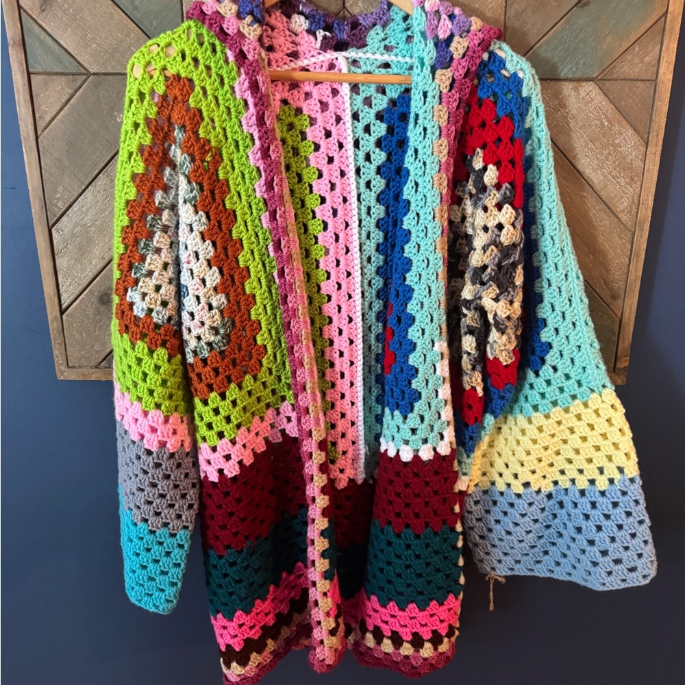 Handmade Multicolor Crochet Cardigan - Vintage Granny Square Style